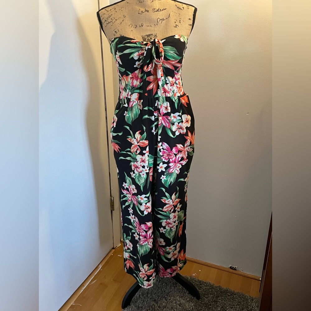 No Boundaries Black Floral Strapless Jumpsuit with Pink & Green Accents
